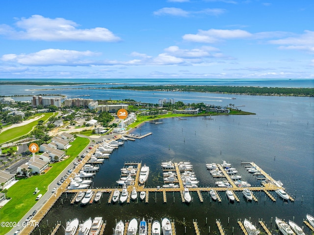 drone / aerial view with a water view