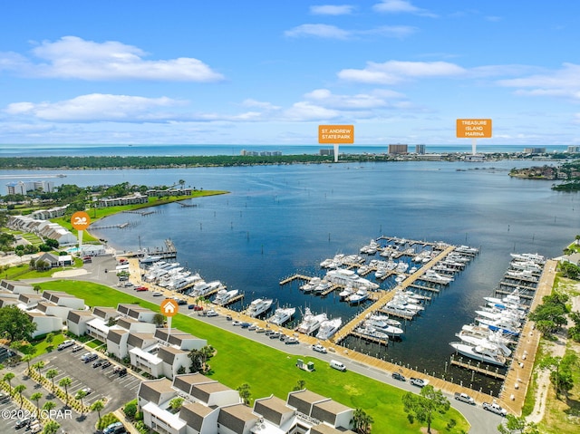 birds eye view of property featuring a water view