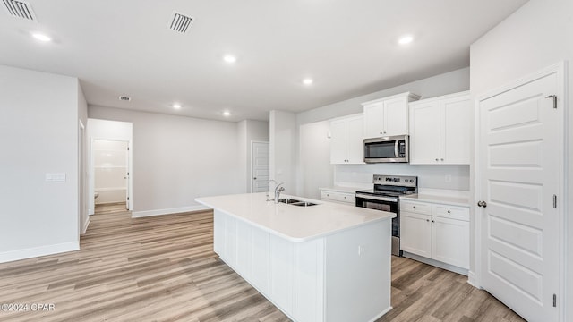 kitchen with a kitchen island with sink, sink, white cabinets, and appliances with stainless steel finishes