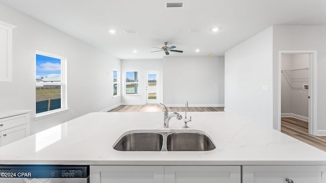 kitchen featuring light stone countertops, a wealth of natural light, dishwashing machine, and sink