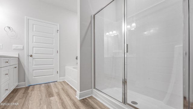 bathroom featuring hardwood / wood-style floors, vanity, and walk in shower