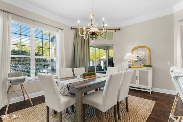 dining room featuring a notable chandelier, ornamental molding, and dark wood-type flooring