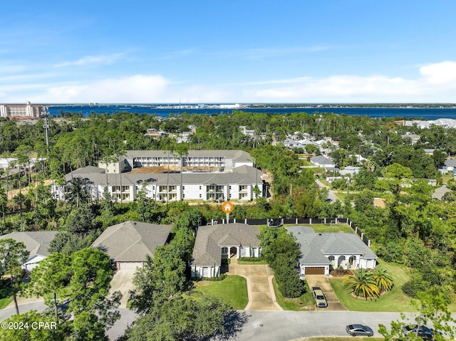 drone / aerial view with a water view