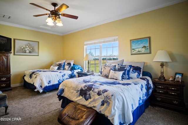 bedroom with carpet flooring, ceiling fan, and crown molding