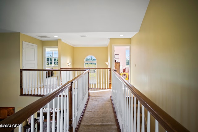 hallway with light carpet and ornamental molding