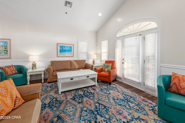 living room with lofted ceiling and wood-type flooring