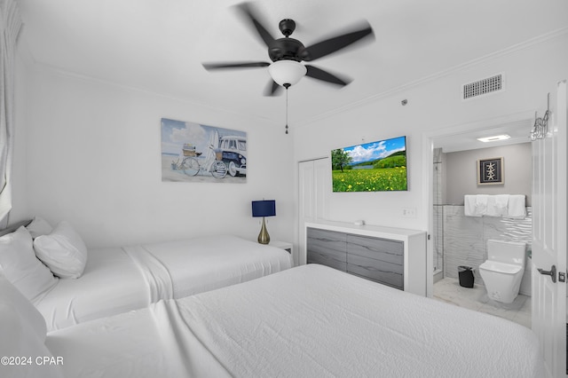 bedroom with crown molding and ceiling fan