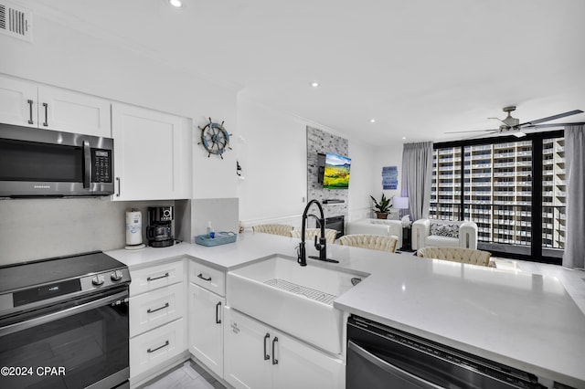 kitchen with ceiling fan, appliances with stainless steel finishes, sink, and white cabinets