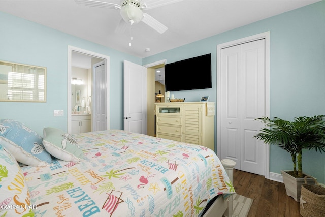 bedroom featuring ceiling fan, dark wood-type flooring, a closet, and ensuite bath