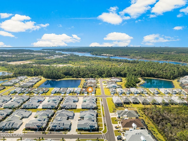 drone / aerial view with a water view