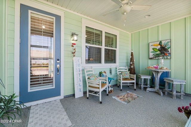 exterior space featuring covered porch and ceiling fan