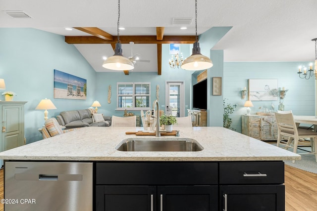 kitchen featuring sink, dishwasher, a kitchen island with sink, and pendant lighting