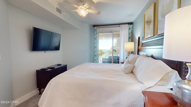 bedroom featuring carpet flooring, baseboards, visible vents, and ceiling fan