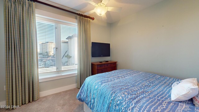 carpeted bedroom with ceiling fan and multiple windows