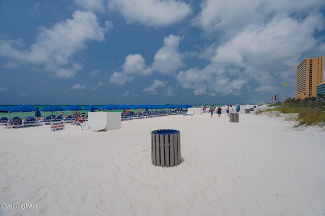 view of water feature featuring a gazebo and a beach view