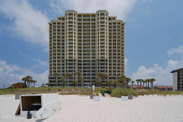 view of building exterior featuring a water view