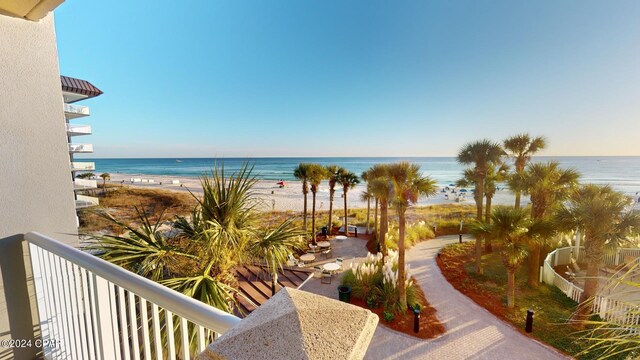 view of water feature with a beach view