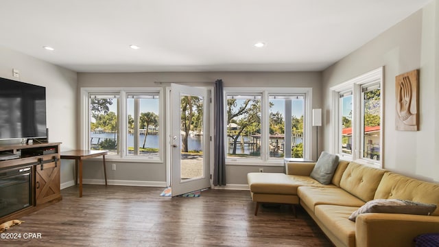 living room featuring a water view and dark hardwood / wood-style floors