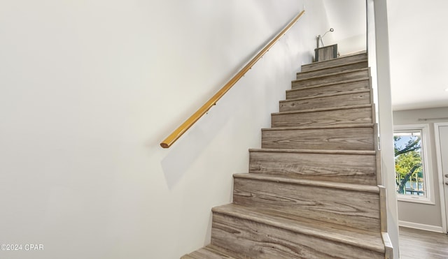 stairs with hardwood / wood-style flooring