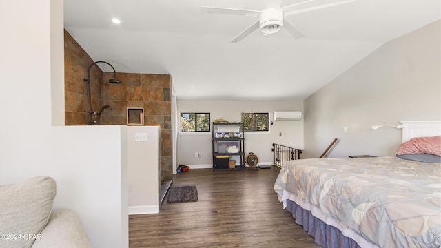 bedroom featuring vaulted ceiling, a wall mounted AC, ceiling fan, and dark hardwood / wood-style floors