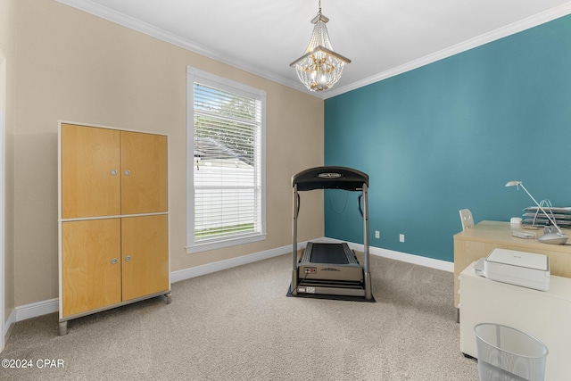 exercise room with a wealth of natural light, baseboards, crown molding, and light colored carpet