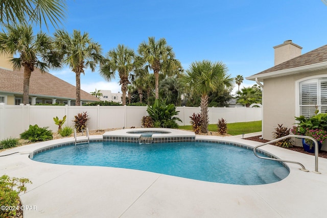 view of swimming pool with central air condition unit, a fenced backyard, a fenced in pool, and an in ground hot tub