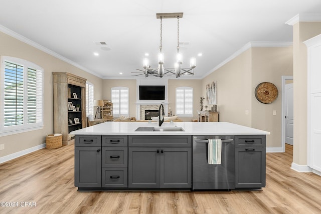 kitchen with light countertops, dishwasher, a sink, and gray cabinetry