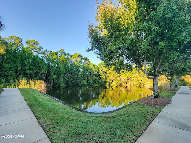 view of home's community with a water view and a lawn