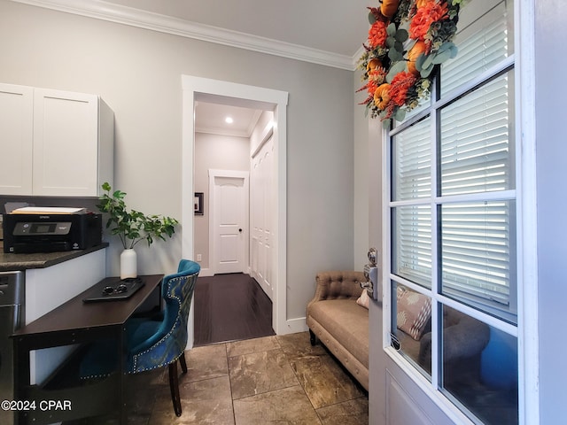 office space with crown molding and wood-type flooring