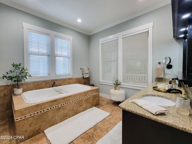 bathroom with vanity, tile patterned floors, crown molding, and tiled tub