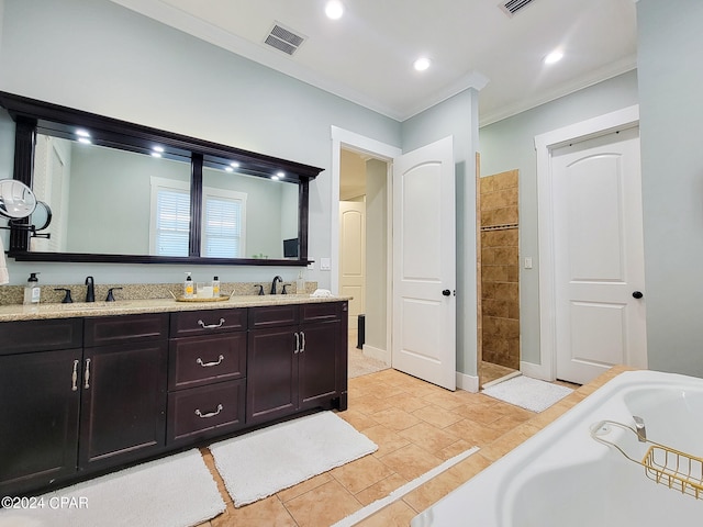 bathroom with vanity, ornamental molding, and plus walk in shower