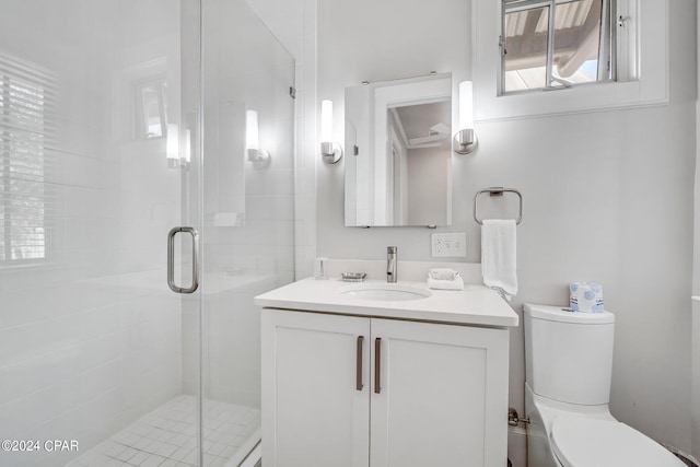 bathroom with toilet, vanity, and walk in shower