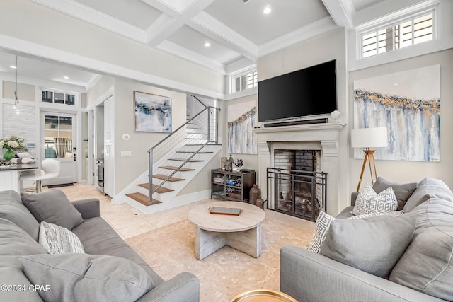 tiled living room with beamed ceiling, crown molding, and a high ceiling