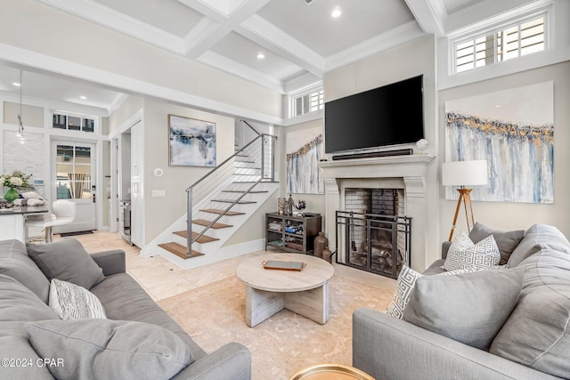 198 E Water St, Inlet Beach, FL 32461 - living area with stairs, beam ceiling, a fireplace, coffered ceiling, and ornamental molding