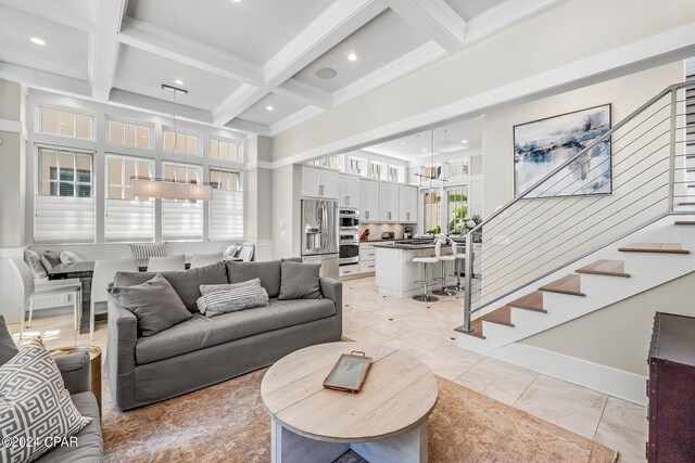 198 E Water St, Inlet Beach, FL 32461 - living room featuring coffered ceiling, beamed ceiling, stairs, recessed lighting, and light tile patterned flooring