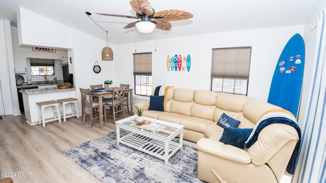 living room with light hardwood / wood-style floors, a healthy amount of sunlight, and ceiling fan