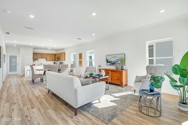 living room featuring ornamental molding and light wood-type flooring