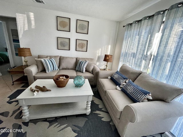 living area featuring a textured ceiling