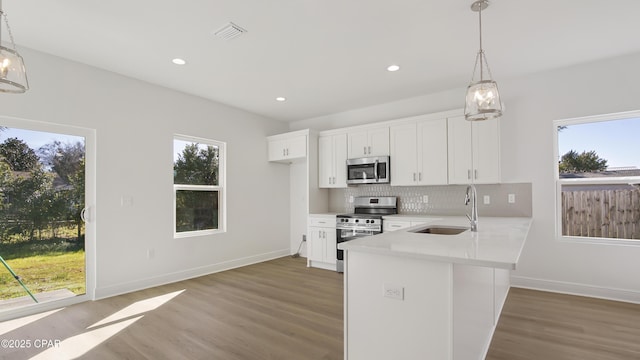 kitchen featuring tasteful backsplash, visible vents, light countertops, stainless steel appliances, and a sink