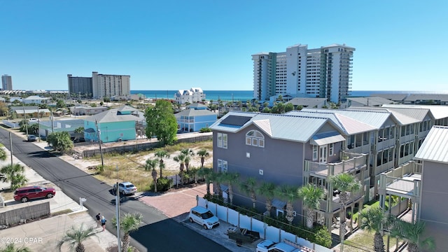 aerial view featuring a water view