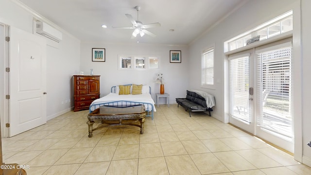 bedroom featuring access to outside, multiple windows, a wall unit AC, and ceiling fan