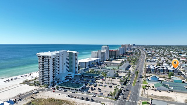 drone / aerial view with a view of the beach and a water view