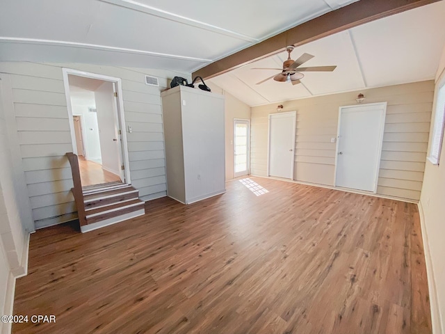 unfurnished living room featuring visible vents, lofted ceiling with beams, wood finished floors, wooden walls, and ceiling fan