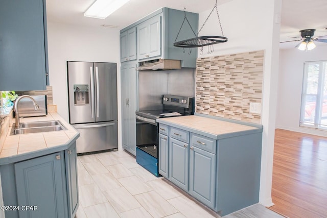 kitchen with a ceiling fan, a sink, stainless steel appliances, under cabinet range hood, and backsplash