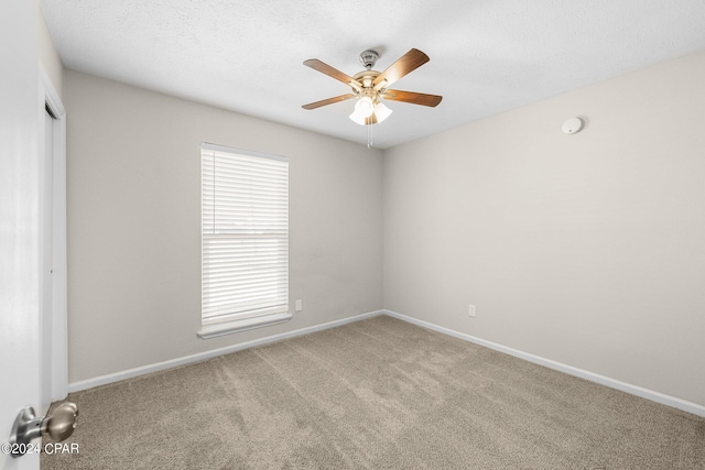 spare room with ceiling fan, carpet flooring, and a textured ceiling