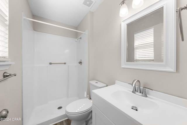 bathroom featuring toilet, vanity, and walk in shower