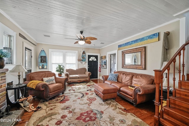 living room featuring crown molding, ceiling fan, and hardwood / wood-style flooring