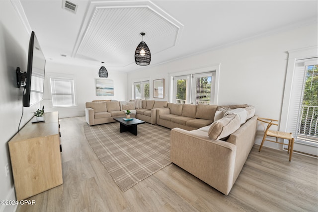 living room with ornamental molding, light hardwood / wood-style floors, and a healthy amount of sunlight