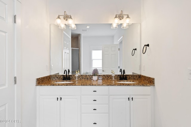 bathroom featuring vanity and a shower with door