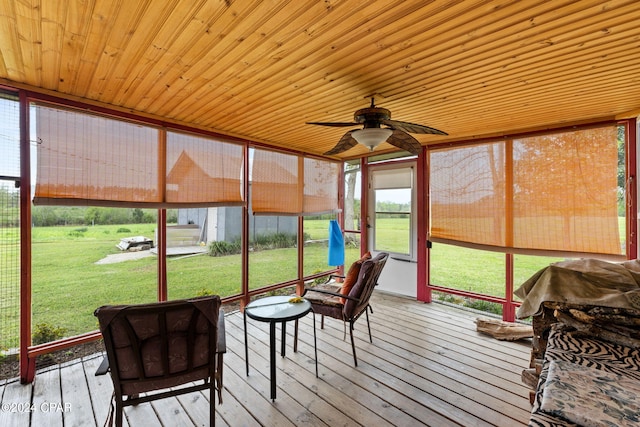 sunroom / solarium featuring ceiling fan and wooden ceiling